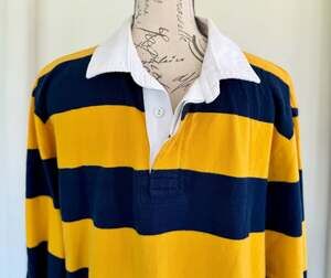 Old Navy 90s Style Yellow and Navy Stripe Long Sleeve Rugby Shirt Size XL